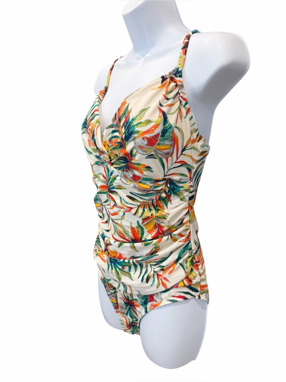Ellen Tracy One Piece Swimsuit Ruched V Neck Tropical Palm Print Ivory Multi 14 - Picture 3 of 11